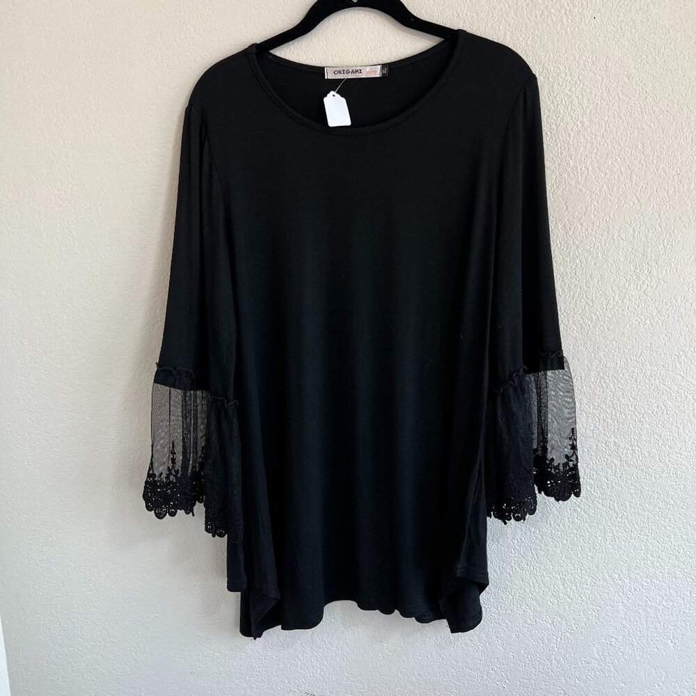 Origami by Vivien Women's 3/4 Sleeve Black Blouse with Lace Sleeves, SZ XL